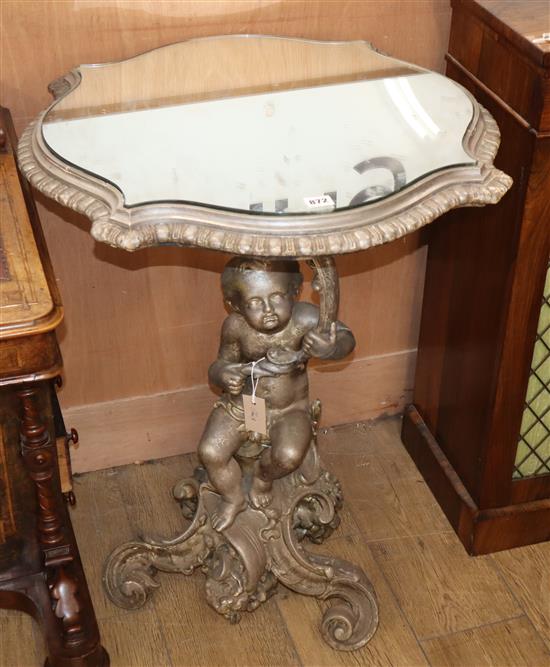 An Italian silvered wood mirrored top occasional table with cherub stem H.80cm